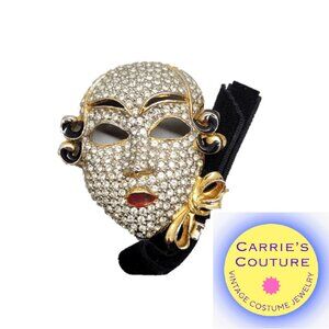 Vintage Signed Ugo Correani Italy Pave Clear Rhinestone Venetian Mask Brooch